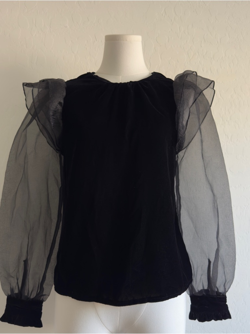Zara Black Sheer-Sleeve Velvet-Body Blouse